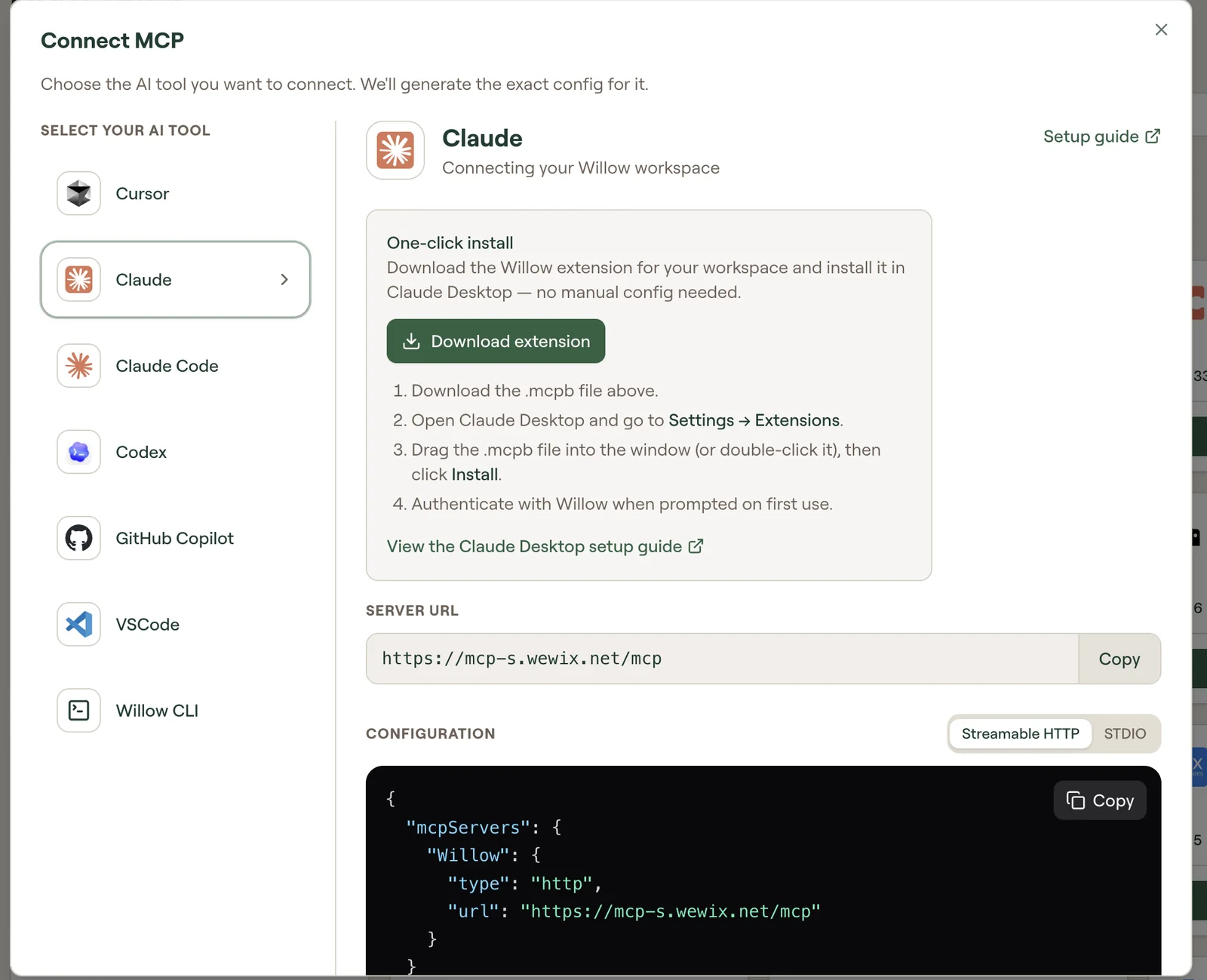 Willow Connect MCP dialog