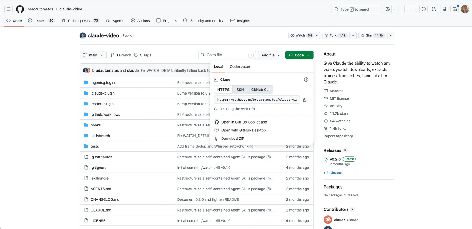 GitHub repo front page for claude-video, zooming into the Code and Clone panel